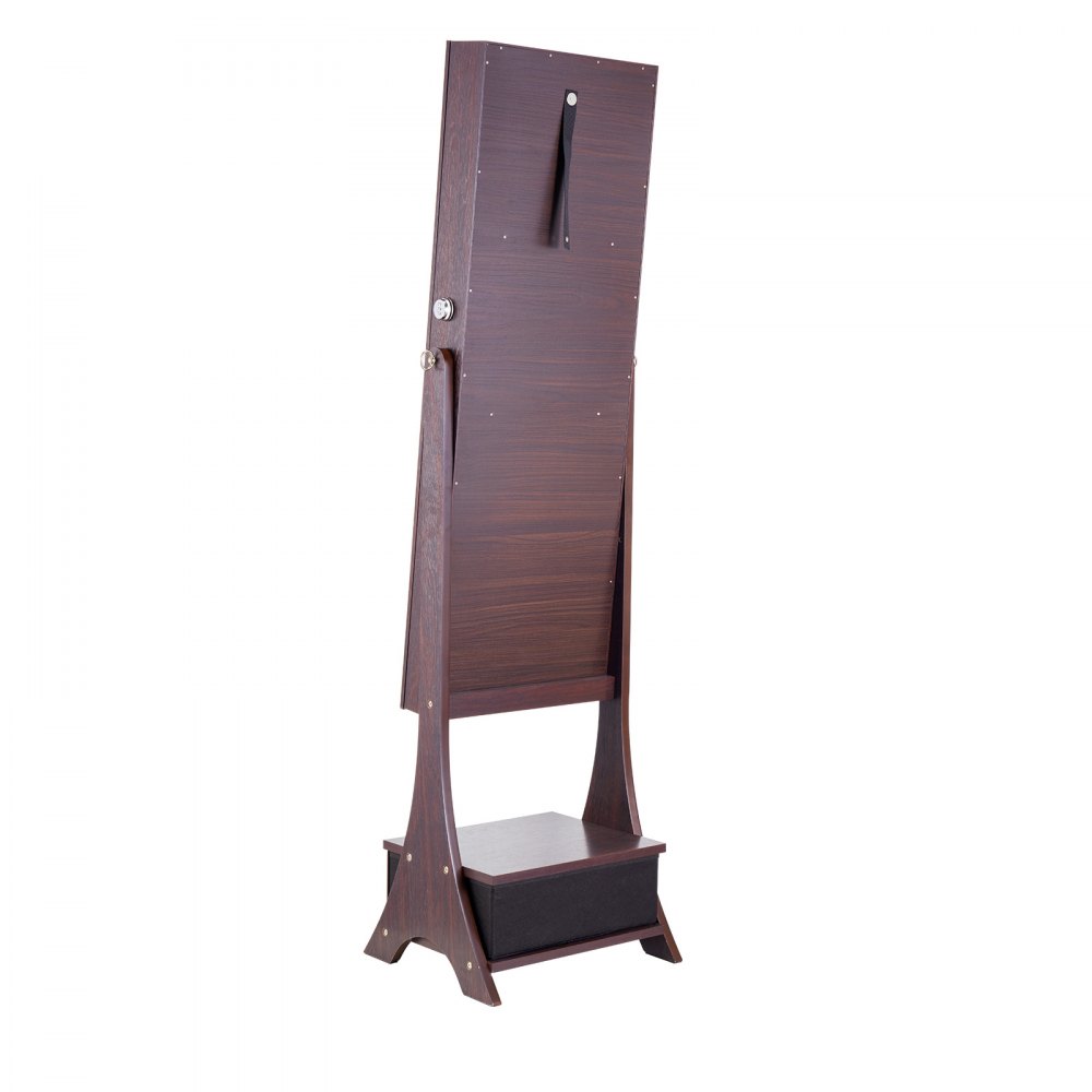 VEVOR Mirror Jewelry Cabinet, Standing Mirror with Storage, Lockable Jewelry Mirror Organizer with Full Length Mirror, Velvet Lining, Interior LED Light, Drawer, Freestanding Jewelry Armoire, Brown