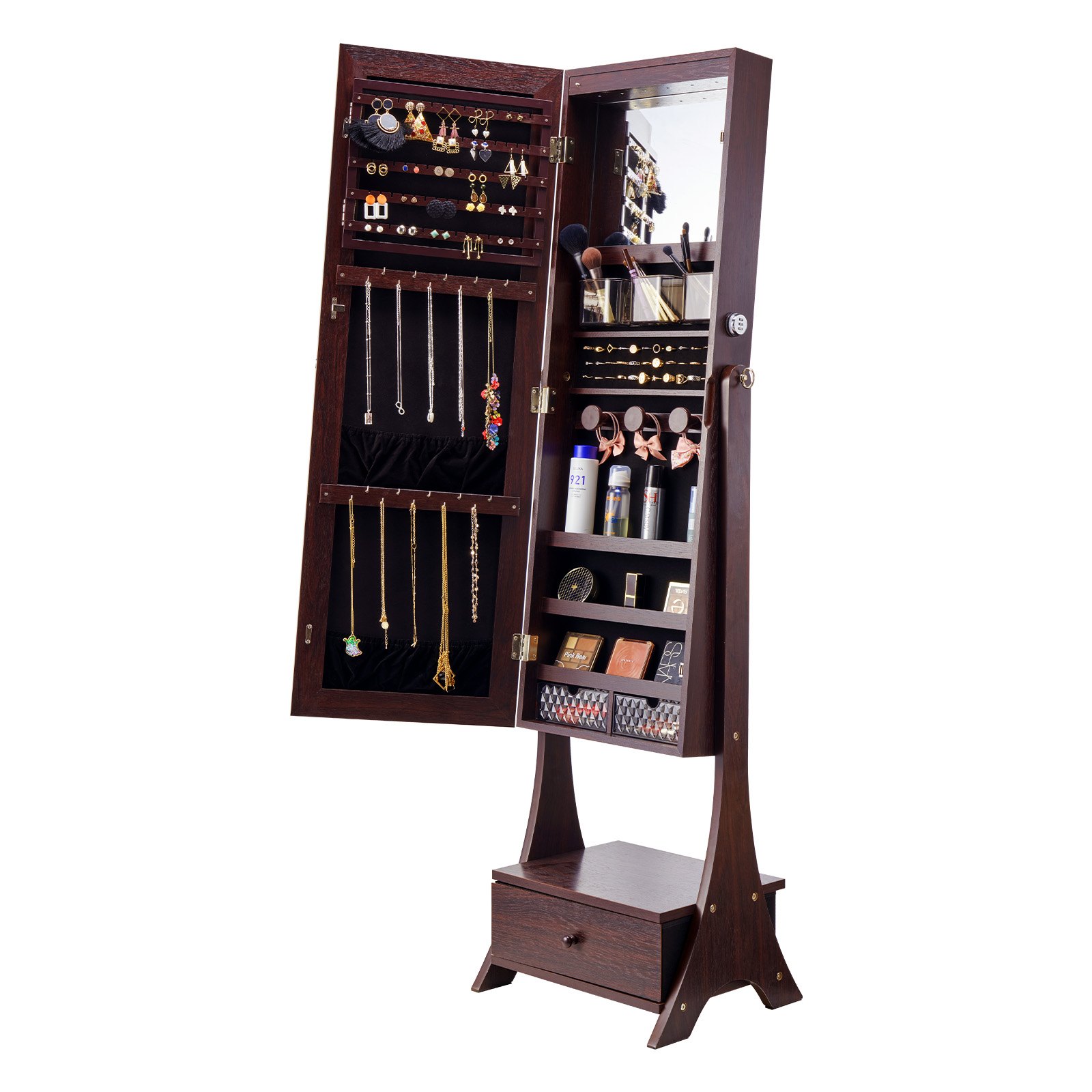 VEVOR Mirror Jewelry Cabinet, Standing Mirror with Storage, Lockable Jewelry Mirror Organizer with Full-Length Mirror, Velvet Lining, LED Interior Lighting, and Drawer, Brown Jewelry Cabinet