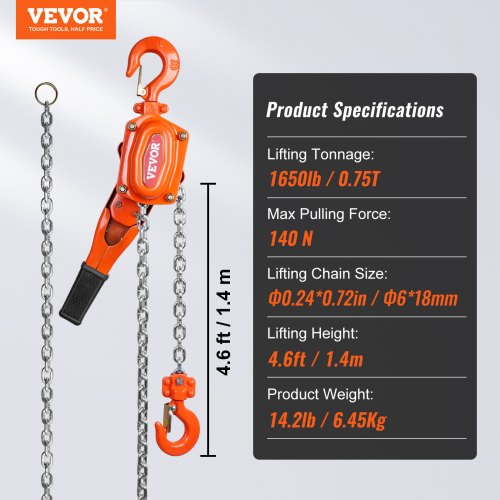 VEVOR Polipasto Manual de Cadena de Palanca Elevación de 1,4 m Polipasto de Trinquete de Acero Capacidad de 0,75 T Polipasto de Palanca Gancho de Rotación 360° con Freno de Doble Trinquete para Garaje