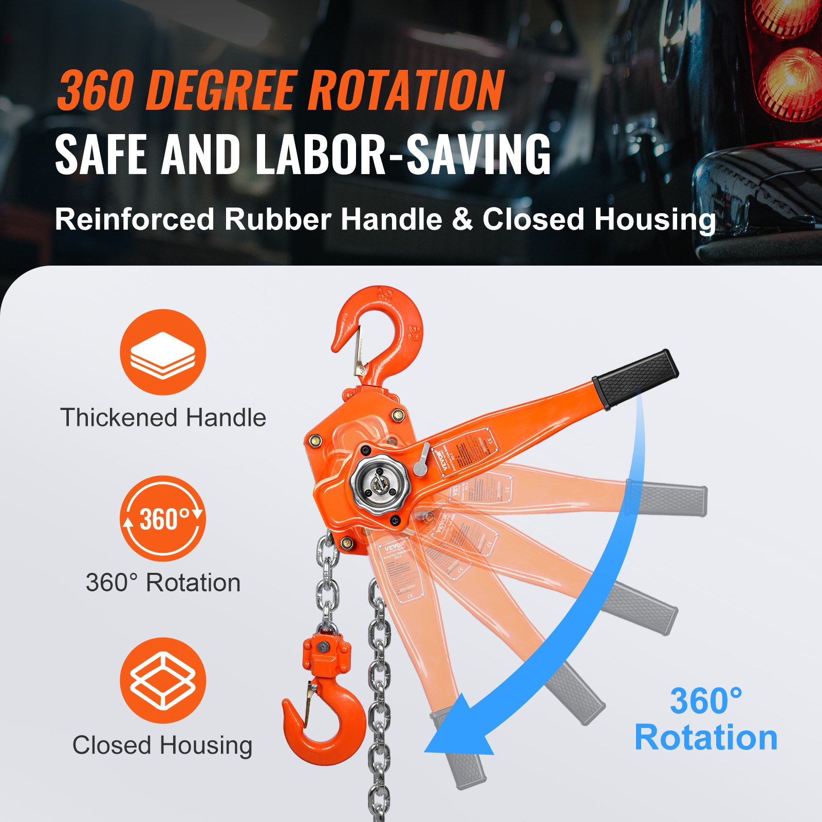 VEVOR Ratchet Hoist Steel 3T Load Capacity Pulley Hoist Lifting Hoist 2.8m Lifting Height Lever Hoist Ф10x30mm Lifting Chain Size Chain Hoist 320N Pulling Force Heavy Duty Double Pawl Brake Ratchet Chain Hoist