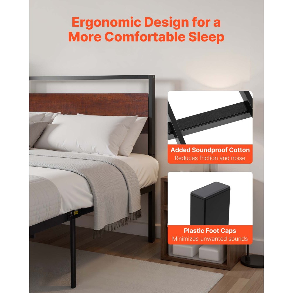 VEVOR Estructura de Cama Tamaño Queen 2135x1535x990 mm de Plataforma de Metal Negra con Cabecero y Pie de Cama de Madera Marrón Retro, Espacio Debajo de la Cama, Antideslizante, no Necesita Somier