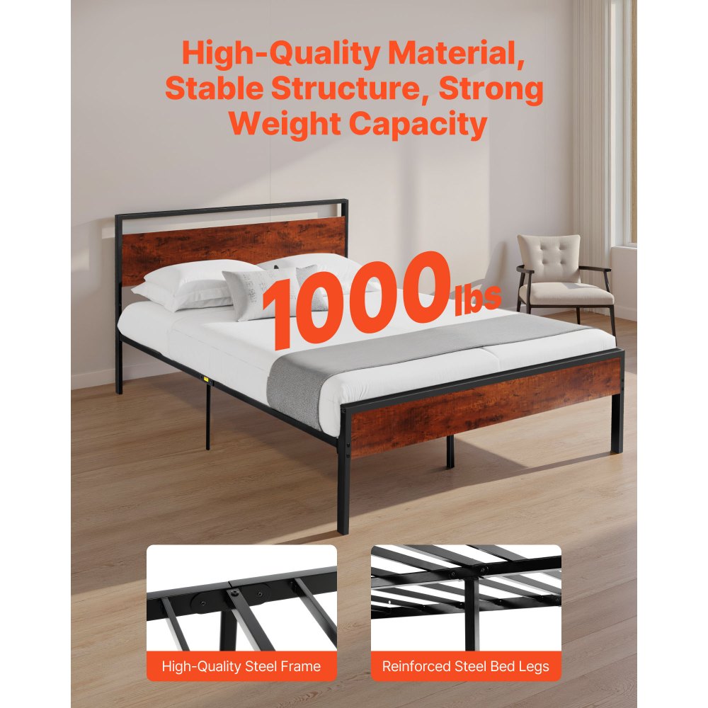 VEVOR Estructura de Cama Tamaño Queen 2135x1535x990 mm de Plataforma de Metal Negra con Cabecero y Pie de Cama de Madera Marrón Retro, Espacio Debajo de la Cama, Antideslizante, no Necesita Somier