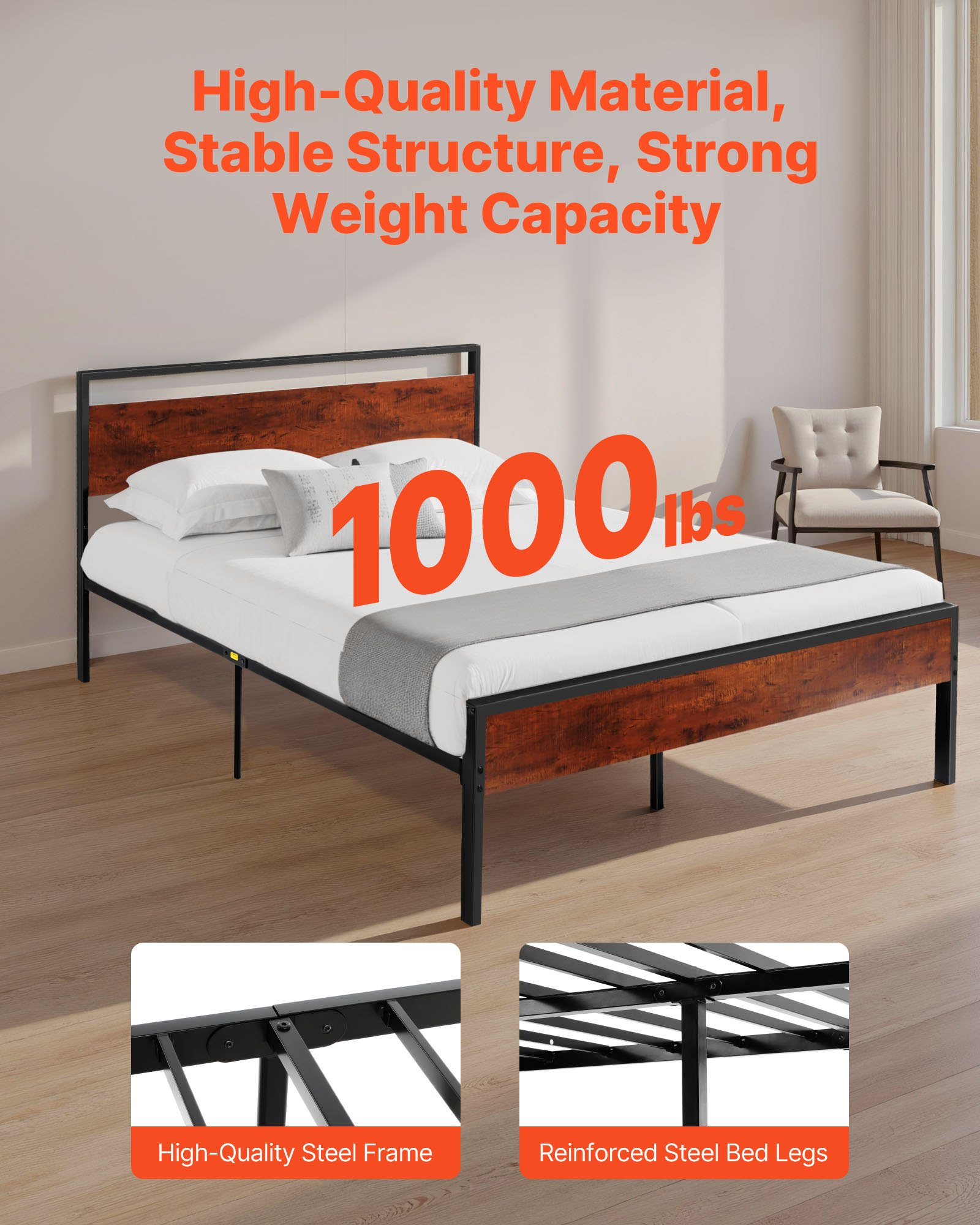 VEVOR Estructura de Cama Tamaño Queen 2135x1535x990 mm de Plataforma de Metal Negra con Cabecero y Pie de Cama de Madera Marrón Retro, Espacio Debajo de la Cama, Antideslizante, no Necesita Somier