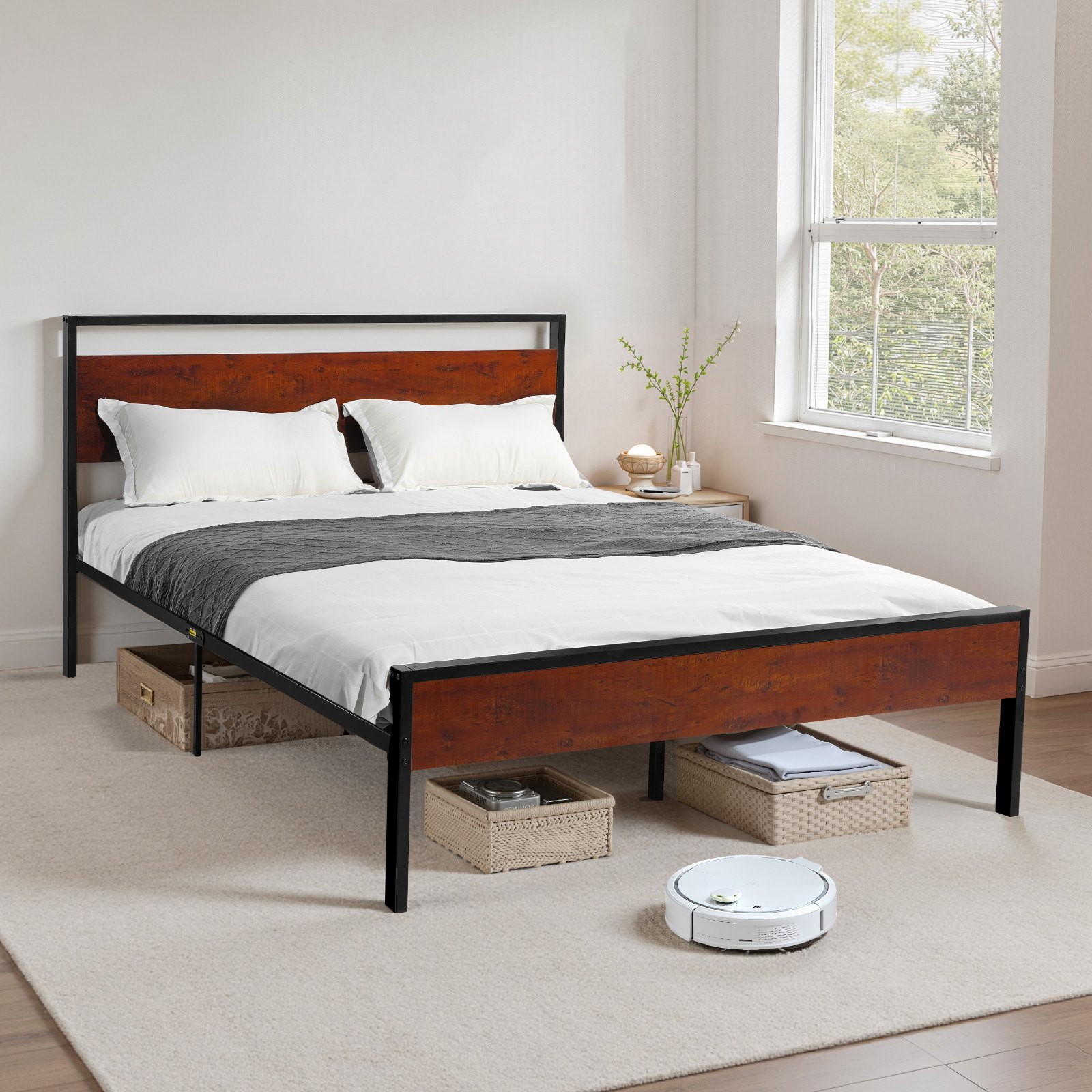 VEVOR Estructura de Cama Tamaño Queen 2135x1535x990 mm de Plataforma de Metal Negra con Cabecero y Pie de Cama de Madera Marrón Retro, Espacio Debajo de la Cama, Antideslizante, no Necesita Somier