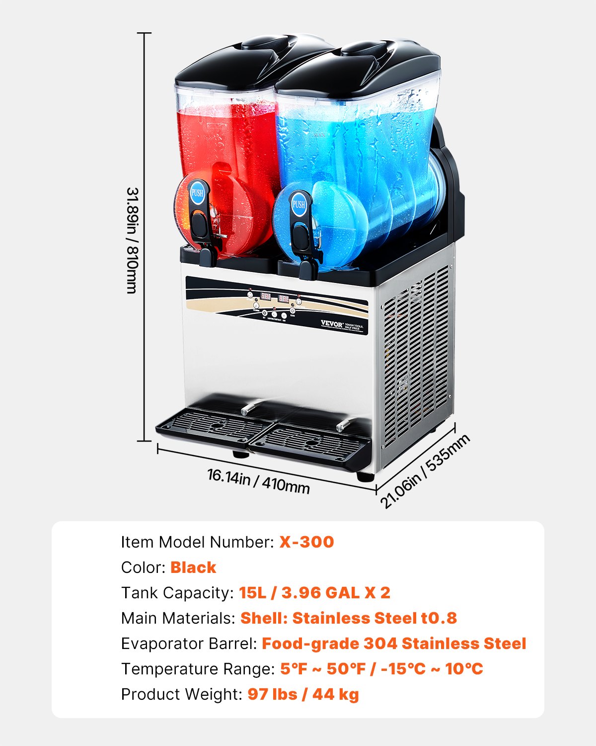 VEVOR Máquina para Hacer Granizados con Doble Tanque de 15 L x 2, Acero Inoxidable, para Preparar 120 Tazas de Margaritas, Batidos y Granizados, para Restaurantes, y Bares, 410 x 535 x 810 mm