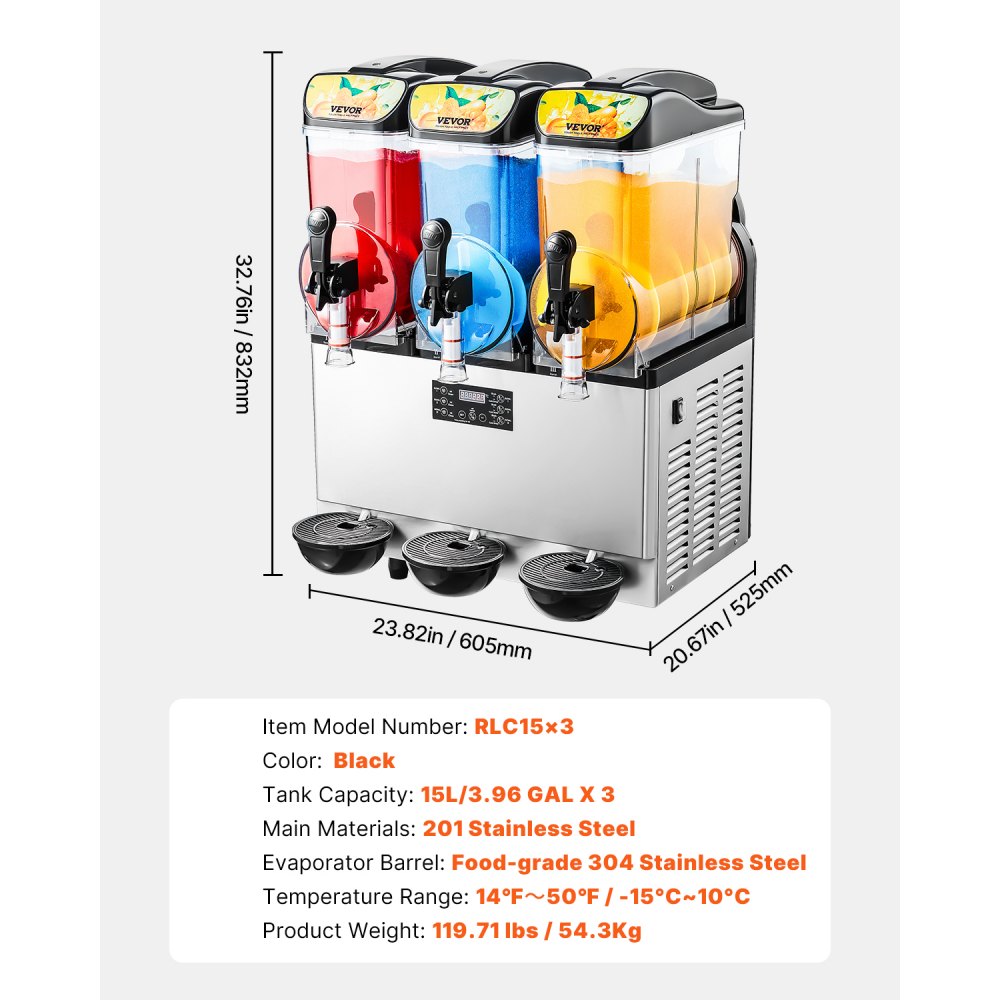 VEVOR Máquina para Hacer Granizados con 3 Tanques de 15 L de Acero Inoxidable para 180 Tazas de Margaritas, Batidos y Granizados, Ideal para Fiestas en Casa, Restaurantes, Cafeterías, Bares