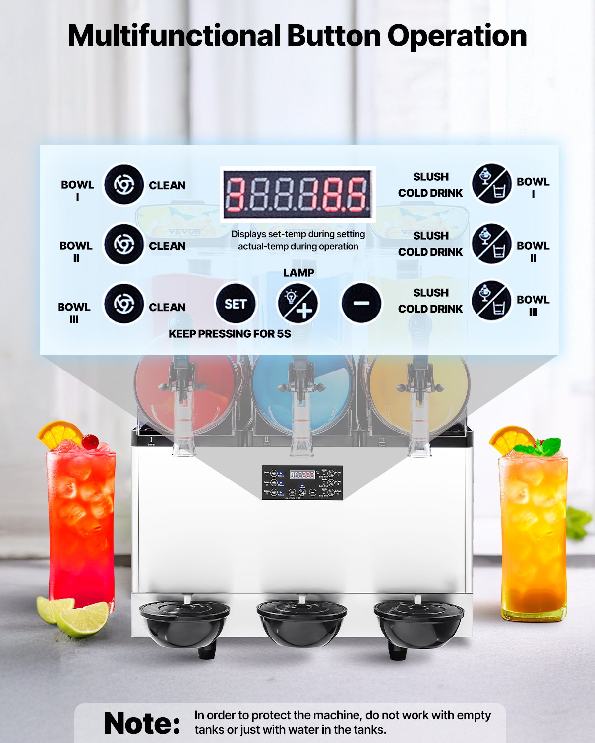 VEVOR Máquina para Hacer Granizados con 3 Tanques de 15 L de Acero Inoxidable para 180 Tazas de Margaritas, Batidos y Granizados, Ideal para Fiestas en Casa, Restaurantes, Cafeterías, Bares
