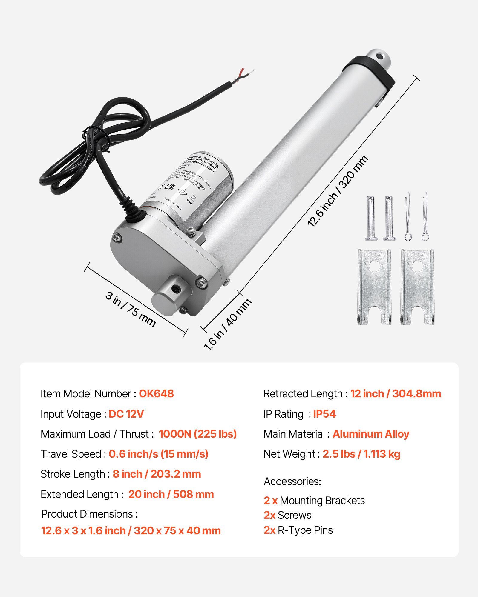 VEVOR Actuador Lineal 12 V, 203,2 mm, con 15 mm/s y 1000 N de Velocidad, Protección IP54 y Soporte de Montaje para Escritorios Elevadores, Sillones Reclinables y Abridores de Ventanas y Puertas