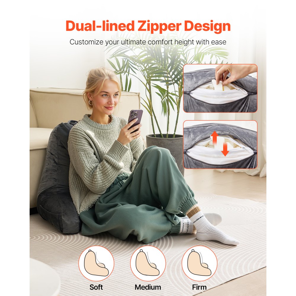 VEVOR Almohada de Lectura Tamaño Grande con Espuma Viscoelástica Triturada, Respaldo con 3 Bolsillos y Tela Corta de Terciopelo Lavable, Parte Superior con Asa para Leer, Jugar, Descansar, Gris