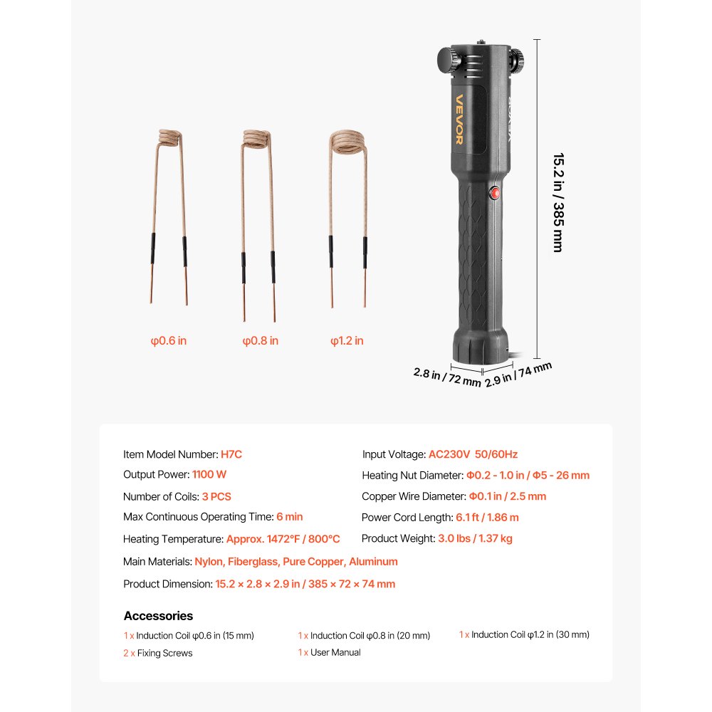 VEVOR Calentador de Inducción para Extracción de Tornillos, 1100 W, Calentador para Extracción de Tornillos Oxidados, Herramientas de Reparación de Taller con 3 Bobinas, 385 x 72 x 74 mm, Negro
