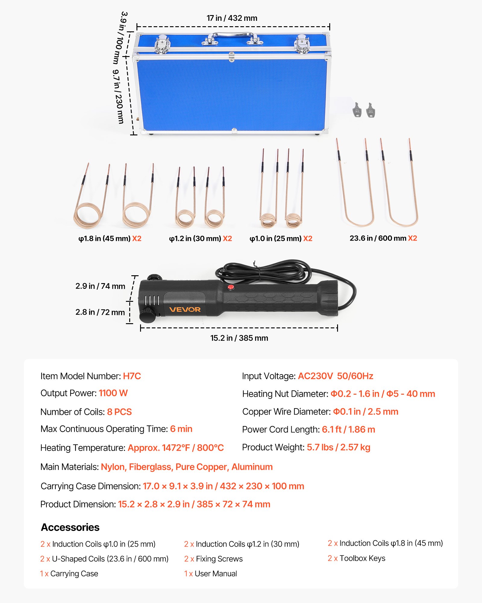 VEVOR Kit de Calentador de Inducción Magnético, 1100 W, para Quitar Tuercas Oxidadas, con 8 Bobinas y Estuche, para Quitar Tornillos Oxidados y Reparación de Automóviles, 385 x 72 x 74 mm, Negro