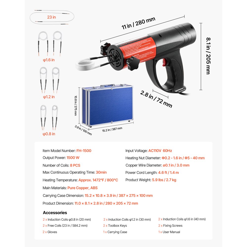 VEVOR Calentador de Inducción para Extracción de Tornillos, 1500 W, Calentador para Extracción de Tornillos Oxidados, Herramientas de Reparación de Taller con 8 Bobinas, Negro, 280 x 205 x 72 mm
