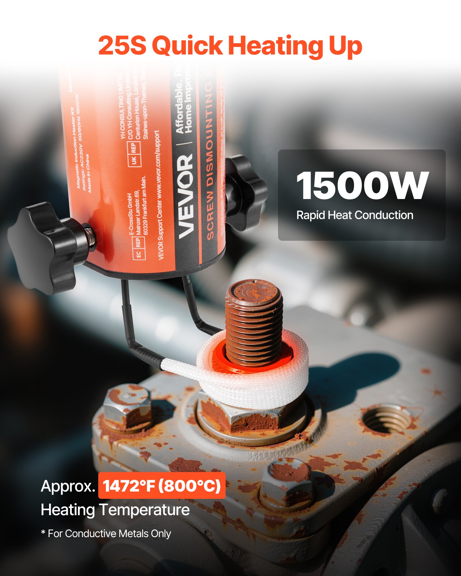 VEVOR Calentador de Inducción para Extracción de Tornillos, 1500 W, Calentador para Extracción de Tornillos Oxidados, Herramientas de Reparación de Taller con 8 Bobinas, Negro, 280 x 205 x 72 mm