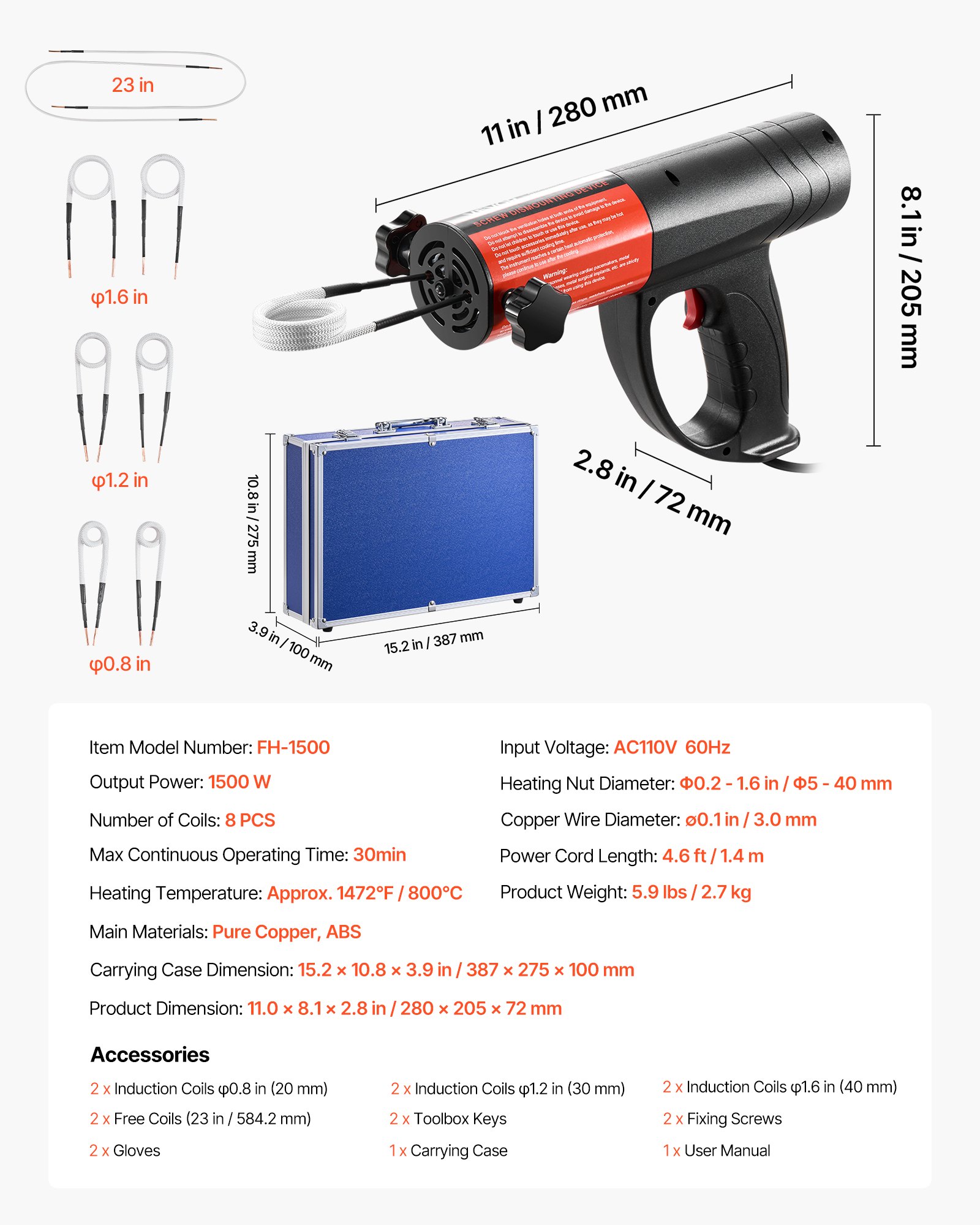 VEVOR Calentador de Inducción para Extracción de Tornillos, 1500 W, Calentador para Extracción de Tornillos Oxidados, Herramientas de Reparación de Taller con 8 Bobinas, Negro, 280 x 205 x 72 mm