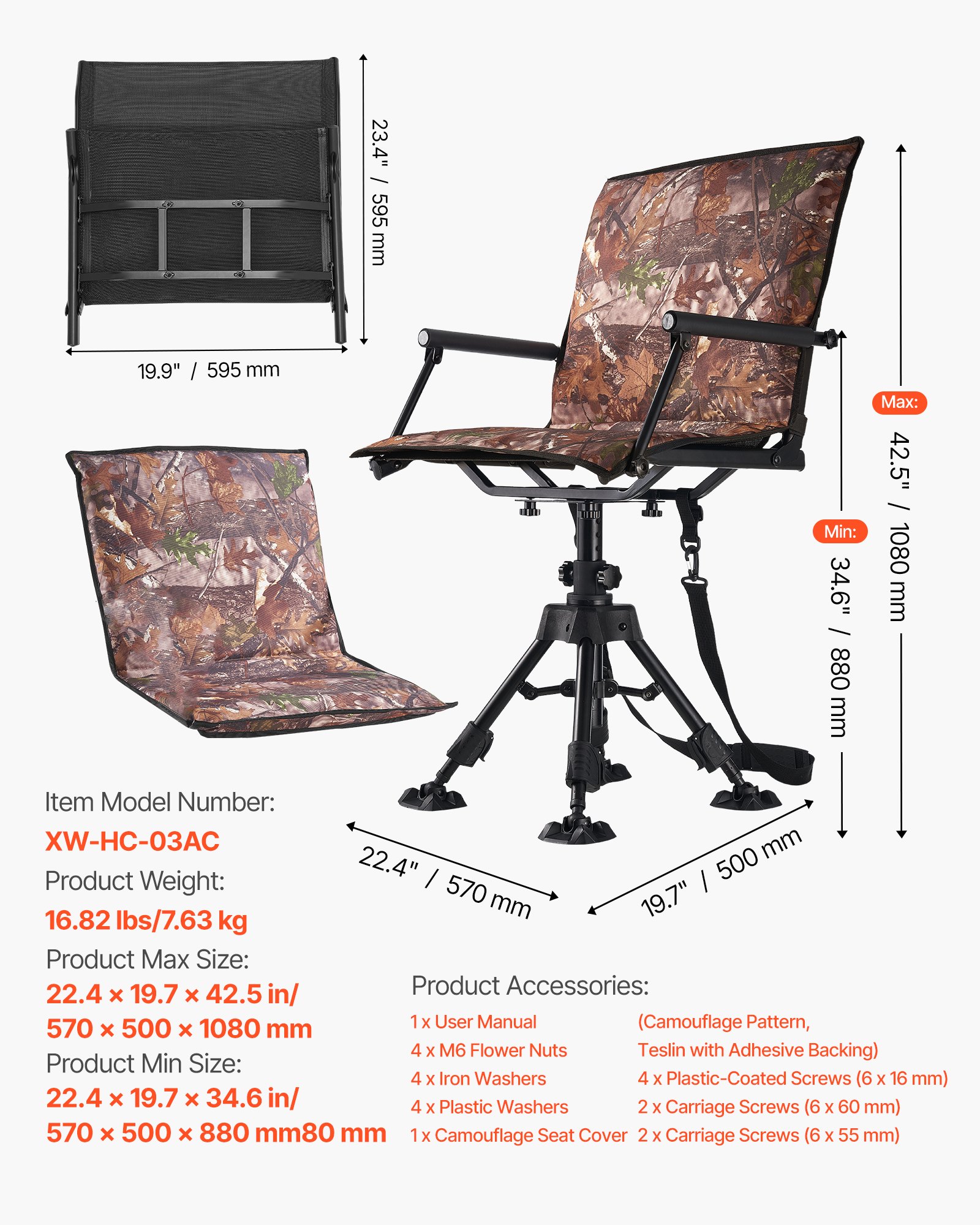 VEVOR Silla Caza Giratoria Silenciosa 360°, Plegable y Portátil, con Estructura Acero Resistente, Asiento Tipo Taburete, Reposabrazos, Funda, Patas Antihundimiento, Altura Ajustable, Carga 158 kg