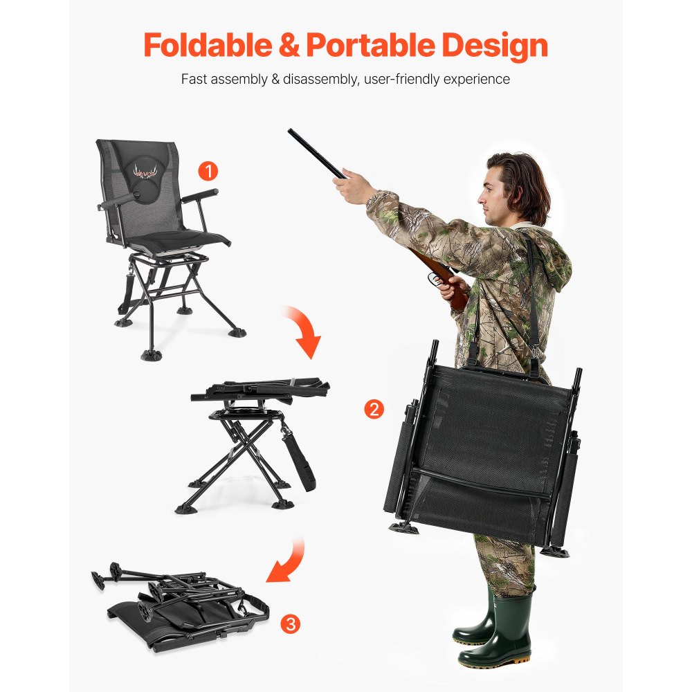 VEVOR Silla de Caza Giratoria Silenciosa de 360°, Plegable y Portátil, con Estructura de Acero Resistente, Reposabrazos, Correa de Transporte Ajustable, Patas Antihundimiento, 500 x 440 x 995 mm