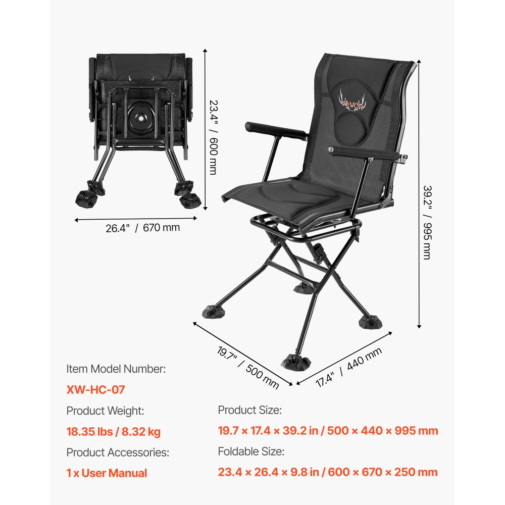 VEVOR Silla de Caza Giratoria Silenciosa de 360°, Plegable y Portátil, con Estructura de Acero Resistente, Reposabrazos, Correa de Transporte Ajustable, Patas Antihundimiento, 500 x 440 x 995 mm