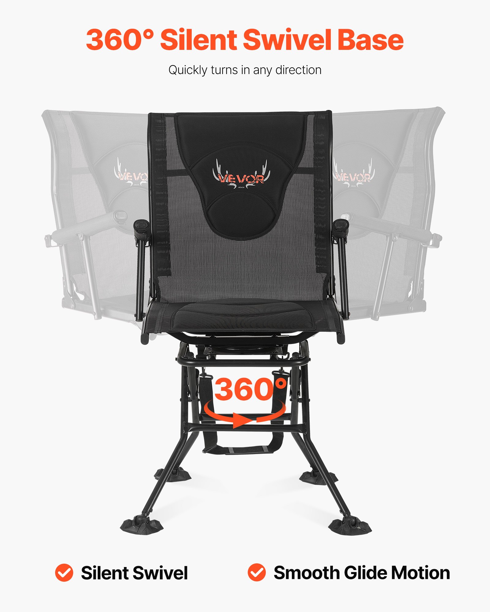 VEVOR Silla de Caza Giratoria Silenciosa de 360°, Plegable y Portátil, con Estructura de Acero Resistente, Reposabrazos, Correa de Transporte Ajustable, Patas Antihundimiento, 500 x 440 x 995 mm