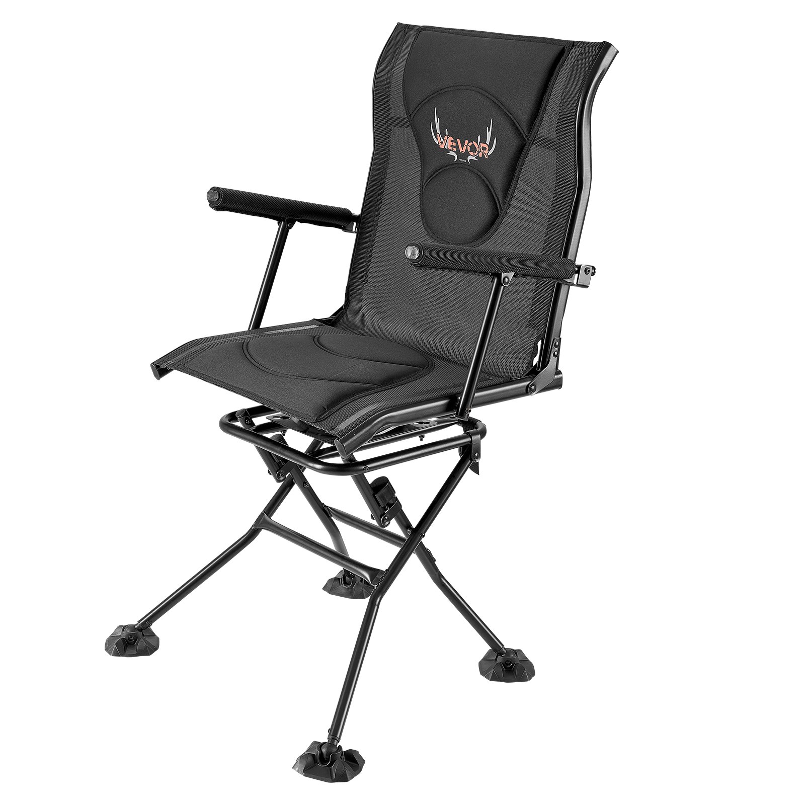 VEVOR Silla de Caza Giratoria Silenciosa de 360°, Plegable y Portátil, con Estructura de Acero Resistente, Reposabrazos, Correa de Transporte Ajustable, Patas Antihundimiento, 500 x 440 x 995 mm