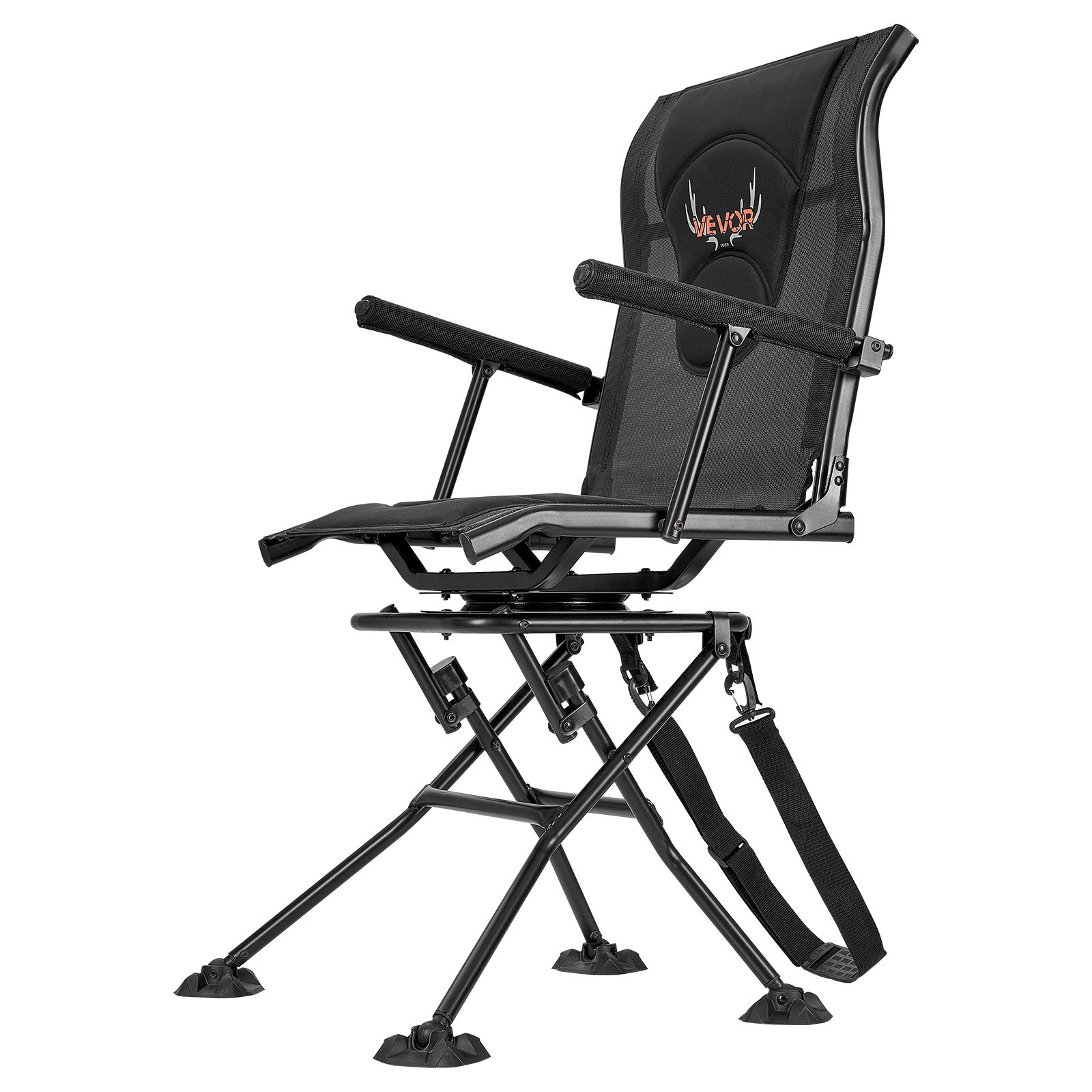 VEVOR Silla de Caza Giratoria Silenciosa de 360°, Plegable y Portátil, con Estructura de Acero Resistente, Reposabrazos, Correa de Transporte Ajustable, Patas Antihundimiento, 500 x 440 x 995 mm