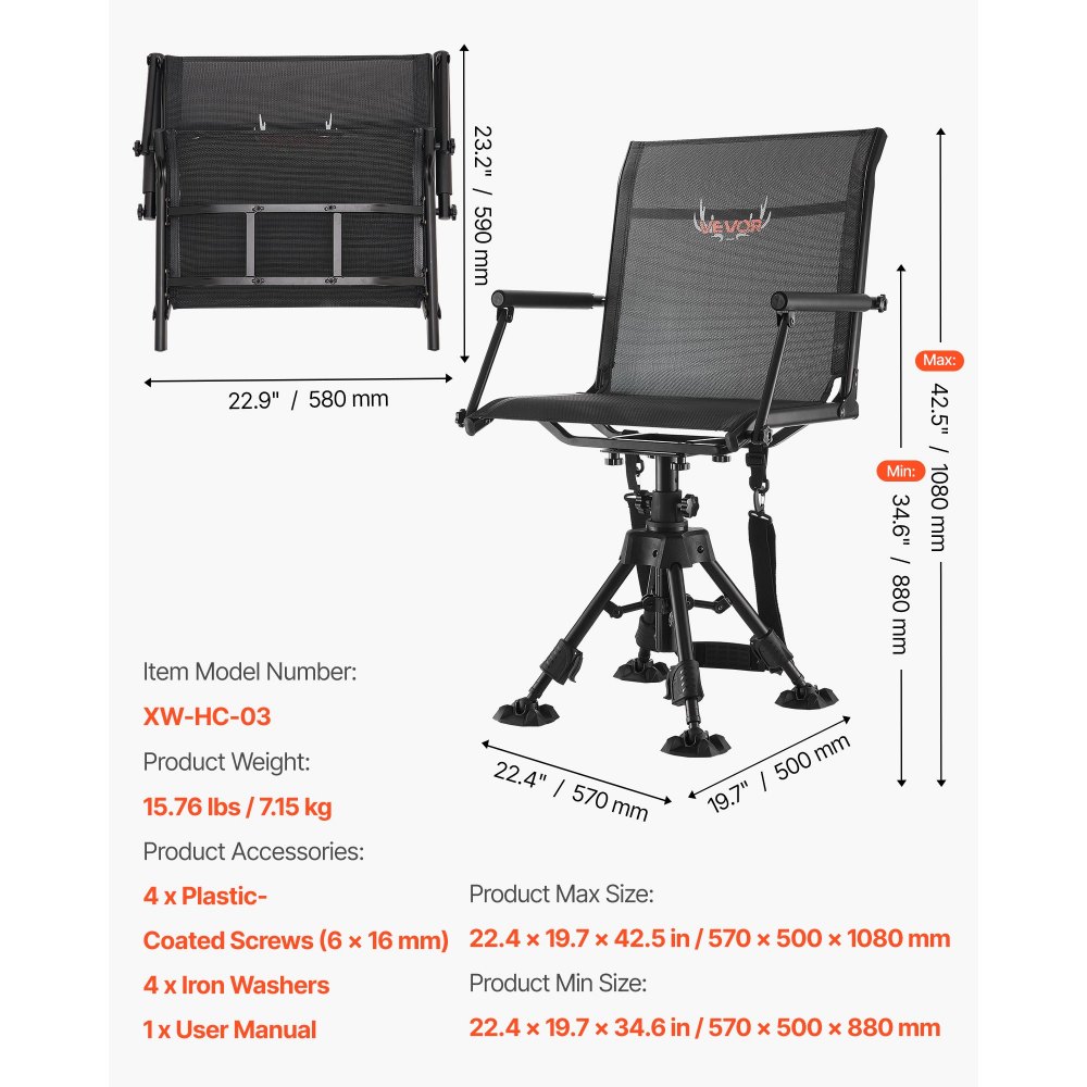 VEVOR Hunting Chair, 360° Silent Swivel, Foldable Portable Blind Chair, Heavy-Duty Steel Frame Ground Stool Seat with Armrests, Anti-Sink Feet, Height Adjustable, 158 Kg Capacity for Fishing Camping