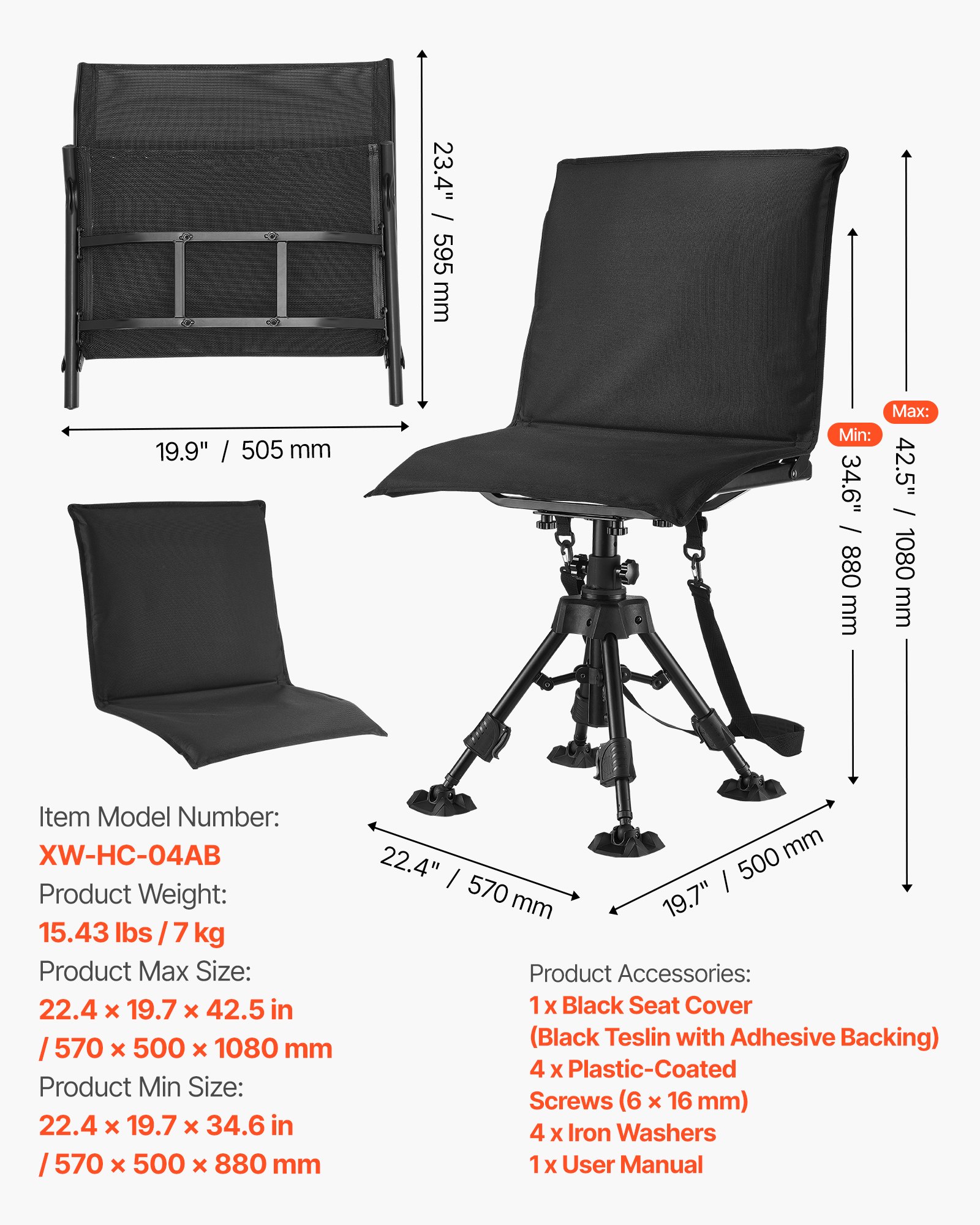 VEVOR Hunting Chair, 360° Silent Swivel, Foldable Portable Blind Chair, Heavy-Duty Steel Frame Ground Stool Seat, with Seat Cover, Anti-Sink Swivel Feet, Height Adjustable, 158 Kg Capacity for Fishing