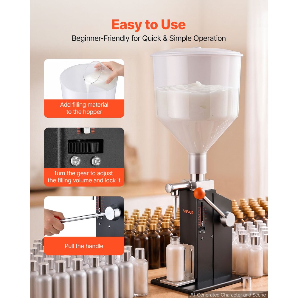 VEVOR Máquina Llenadora de Líquidos 5-60 ml con Tolva de Silicona de 10 L, Llenadora Manual de Botellas, Boquilla de Acero Inoxidable, Plataforma Ajustable y Anillos de Sellado para Líquidos y Pastas