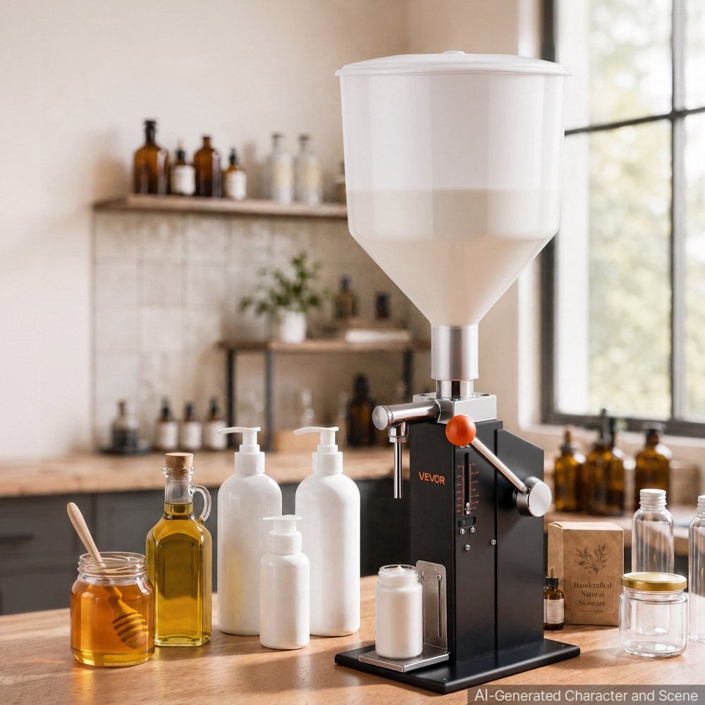 VEVOR Máquina Llenadora de Líquidos 5-60 ml con Tolva de Silicona de 10 L, Llenadora Manual de Botellas, Boquilla de Acero Inoxidable, Plataforma Ajustable y Anillos de Sellado para Líquidos y Pastas