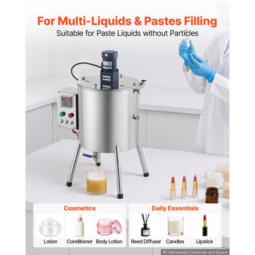 VEVOR Máquina Llenadora Automática de Líquidos 30 L con Mezcla y Calentamiento, con Tolva de Acero Inoxidable 304, Boquilla de Cobre, Control de Temperatura y 4 Patas para Lápiz Labial y Cera de Velas
