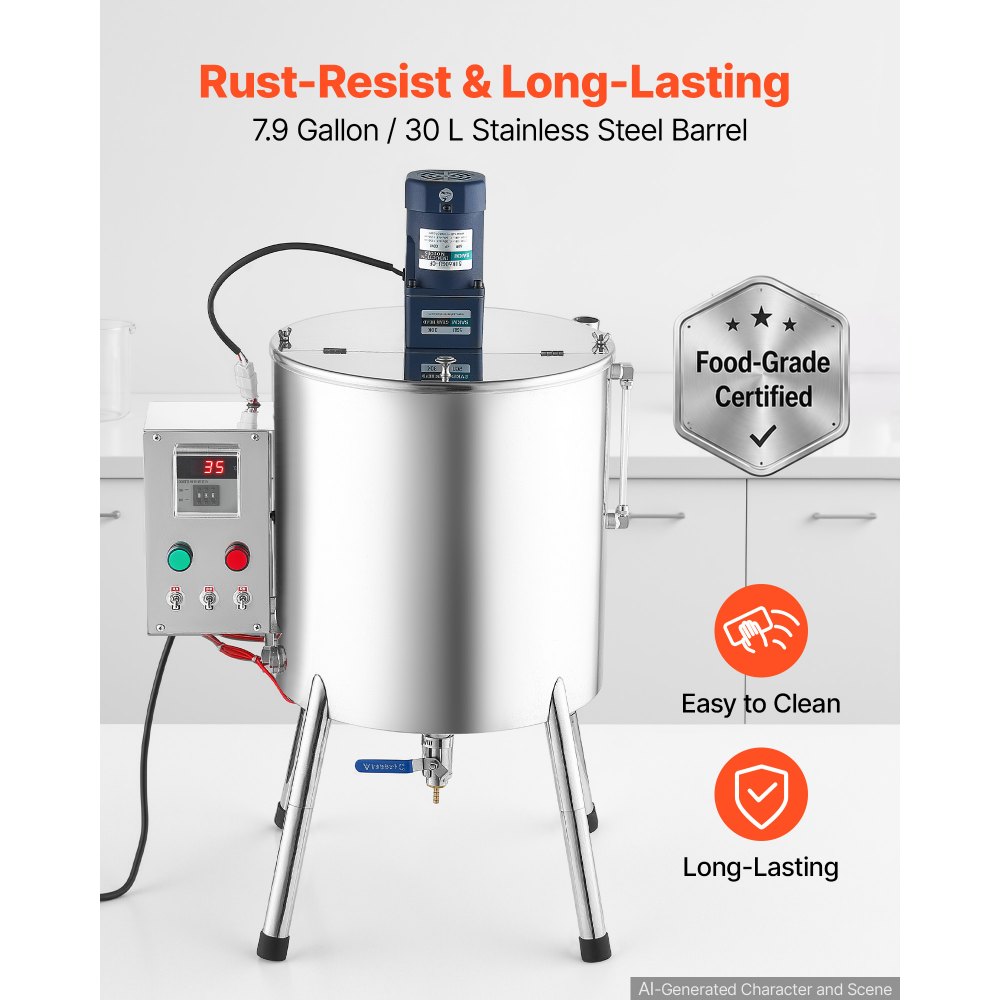 VEVOR Máquina Llenadora Automática de Líquidos 30 L con Mezcla y Calentamiento, con Tolva de Acero Inoxidable 304, Boquilla de Cobre, Control de Temperatura y 4 Patas para Lápiz Labial y Cera de Velas