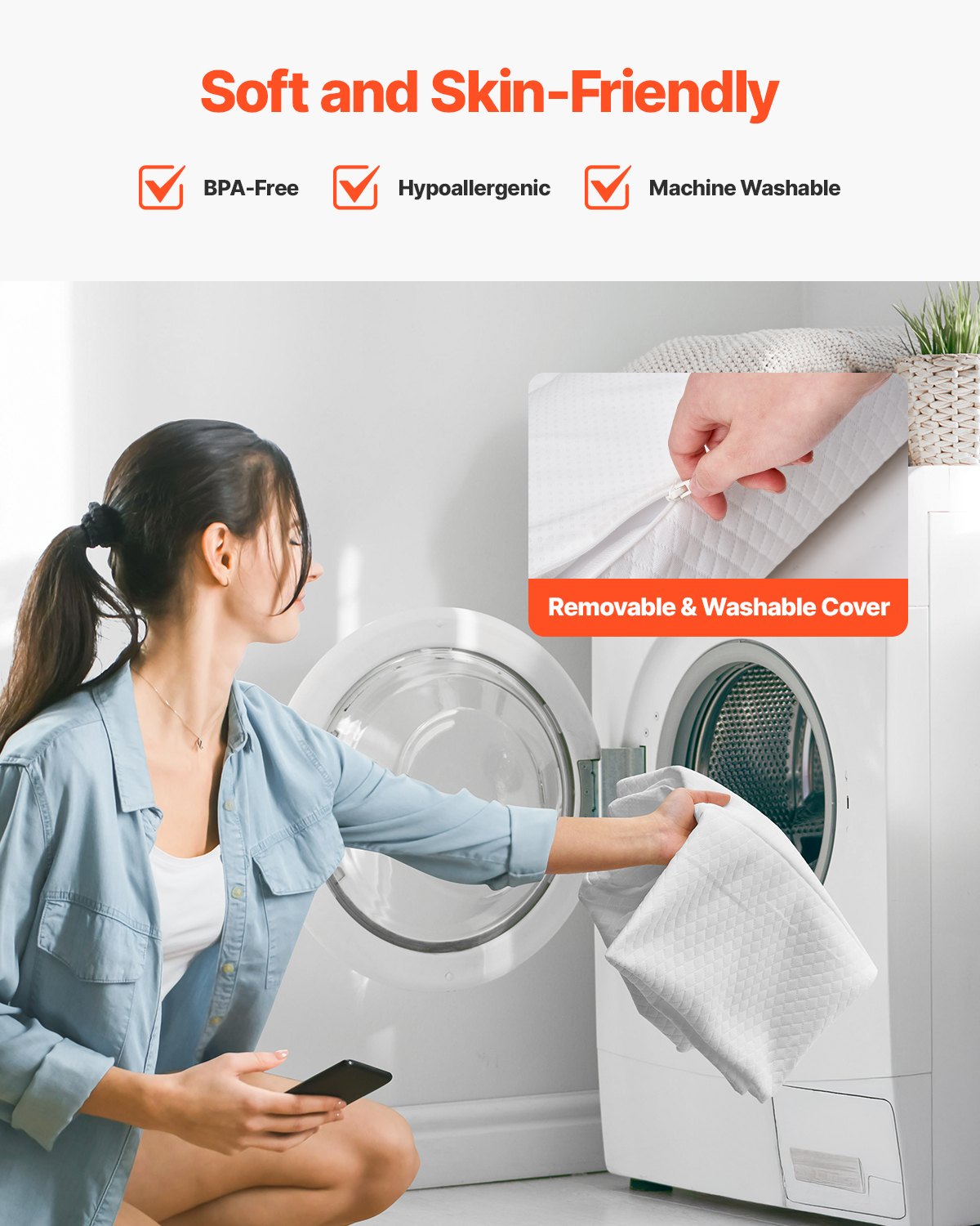 VEVOR Protector de Cama para Niños Pequeños, Barandilla de Cama Antideslizante con Solapa de Seguridad, con Funda Lavable a Máquina para Individuales, Matrimoniales, 1320 x 170 x 130 mm, 1 ud