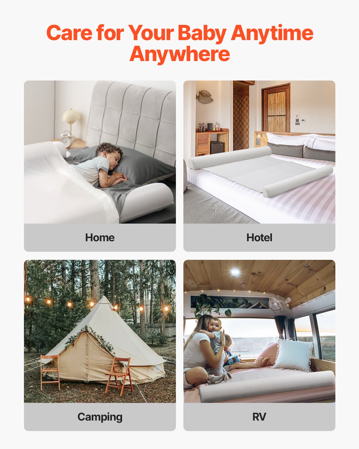 VEVOR Protector de Cama a Niños Pequeños, Barandilla de Cama con Solapa Seguridad, con Base Antideslizante y Funda Lavable a Máquina para Individuales, Matrimoniales, 1320 x 180 x 120 mm, 2 uds