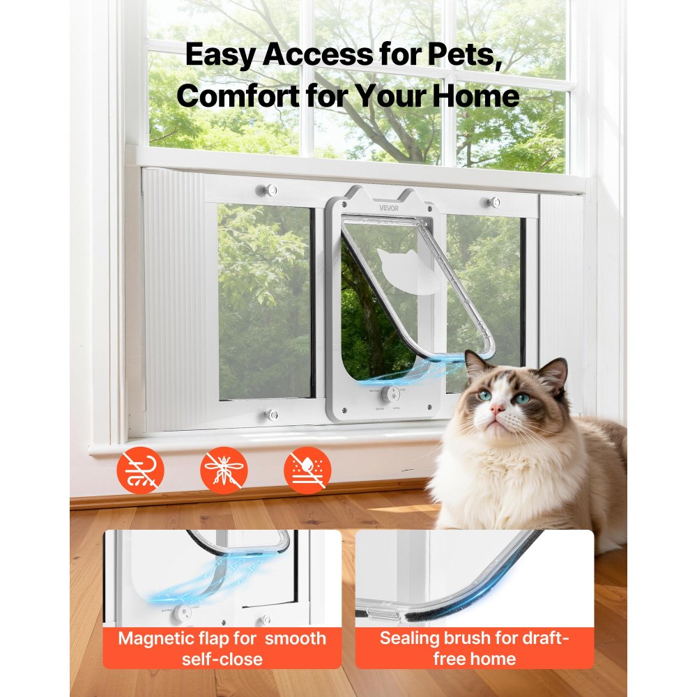 VEVOR Cat Door for Window, Adjustable to Fit Window Width 787-914 mm, 4 Secure Lock Modes, Aluminum Frame and High-Transparency Glass, Magnetic Closure, Weatherproof Quick-Fit Pet Door for Cats, White
