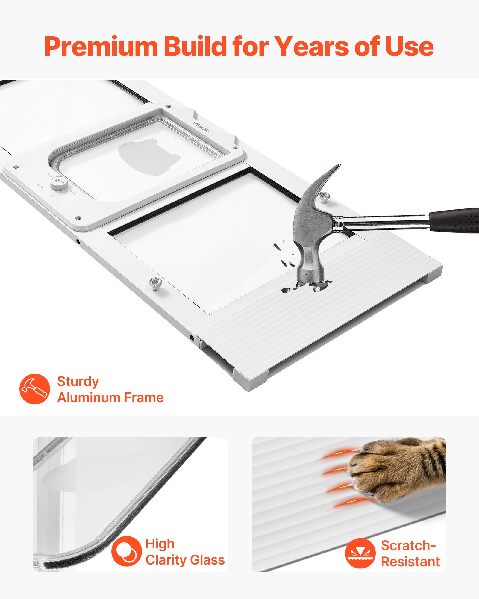 VEVOR Cat Door for Window, Adjustable to Fit Window Width 889-1016 mm, 4 Secure Lock Modes, Aluminum Frame, High-Transparency Glass, Magnetic Closure, Weatherproof Quick-Fit Pet Door for Cats, White