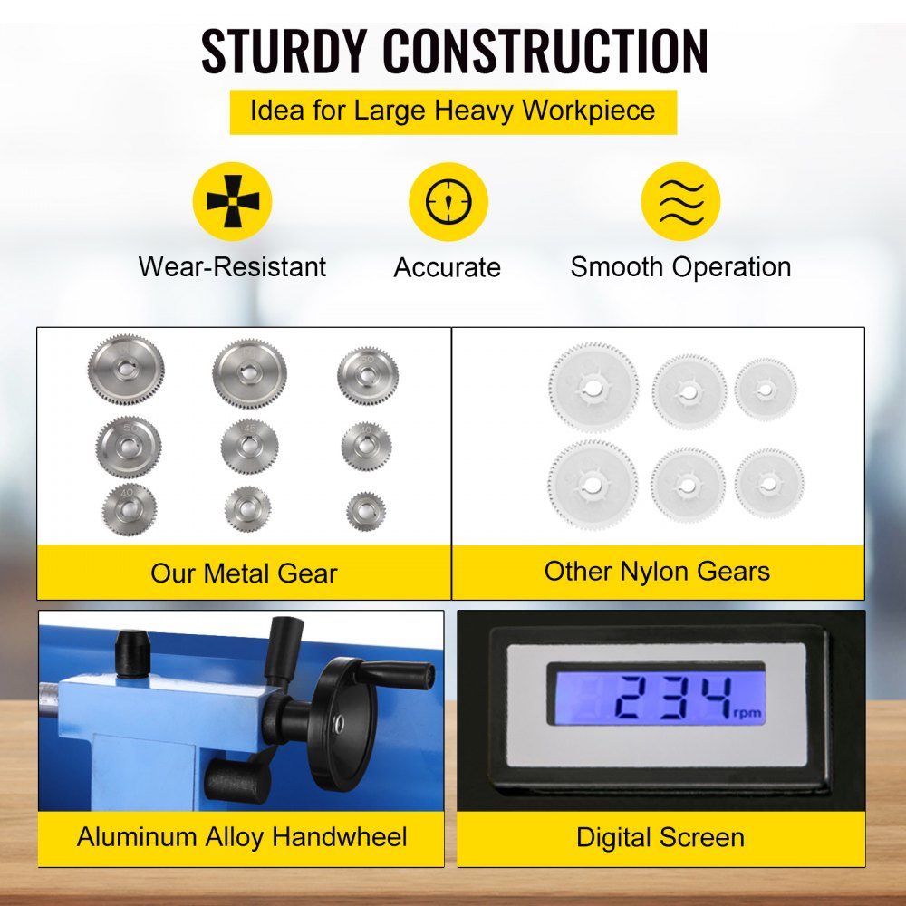 VEVOR Mini Torno de Metal 220V 550W Cono de Contrapunto MT2 Mini Torno de Precisión Distancia entre Centros 350mm 50-2500RPM Máquina de Torno para Fabricación de Buje, Husillo, Prototipo, Modelo
