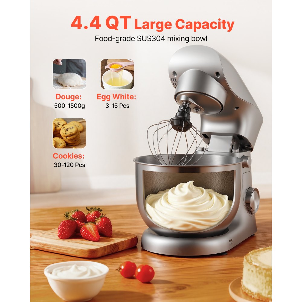 VEVOR Batidora de Pie/Máquina de Cocina para Hornear, 1500 W, con Bol de Acero Inoxidable, 4,2 L, Gancho para Masa, Batidor y Varillas, Basculante Ajustable de 10 Velocidades, 357 x 225 x 285 mm