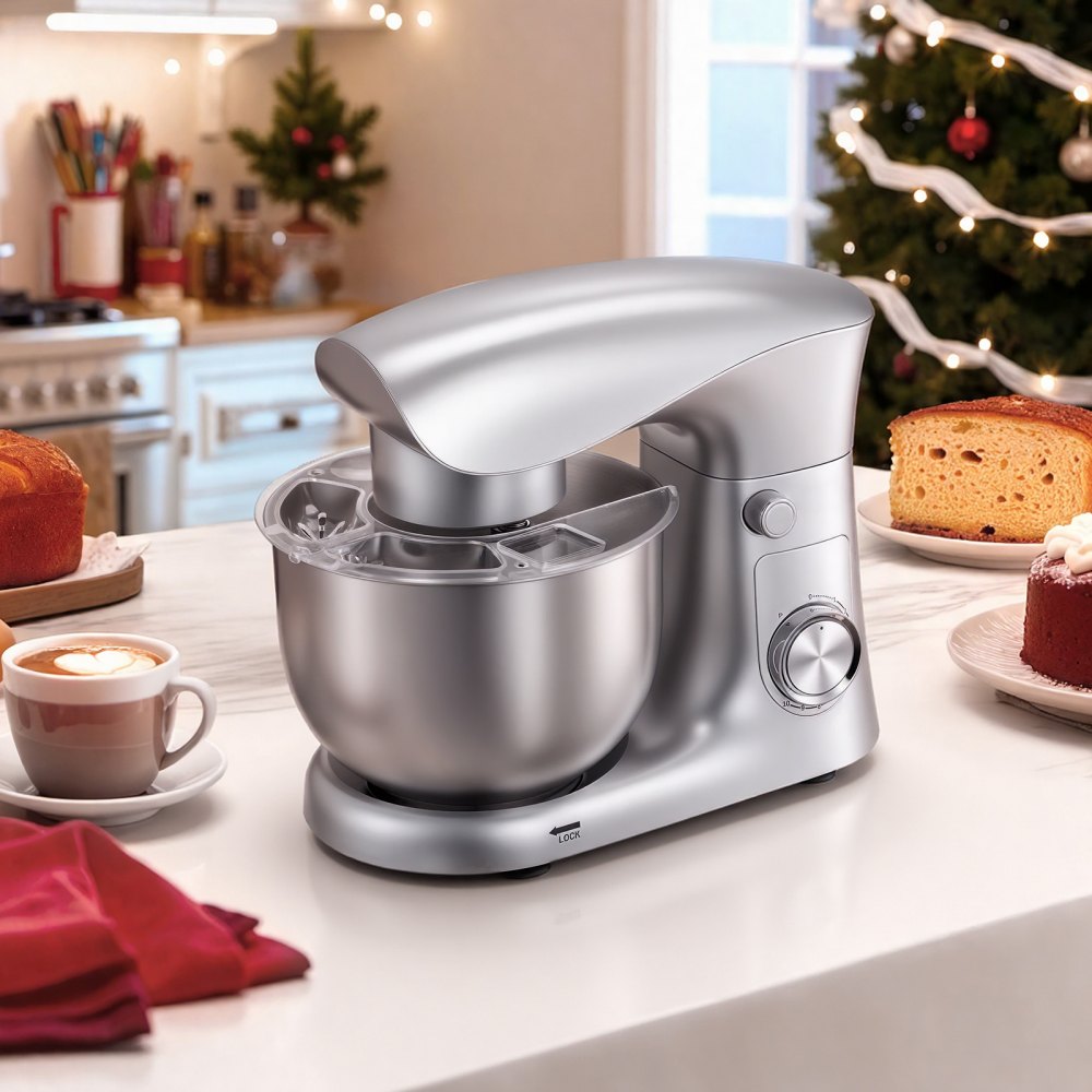 VEVOR Batidora de Pie/Máquina de Cocina para Hornear, 1500 W, con Bol de Acero Inoxidable, 4,2 L, Gancho para Masa, Batidor y Varillas, Basculante Ajustable de 10 Velocidades, 357 x 225 x 285 mm