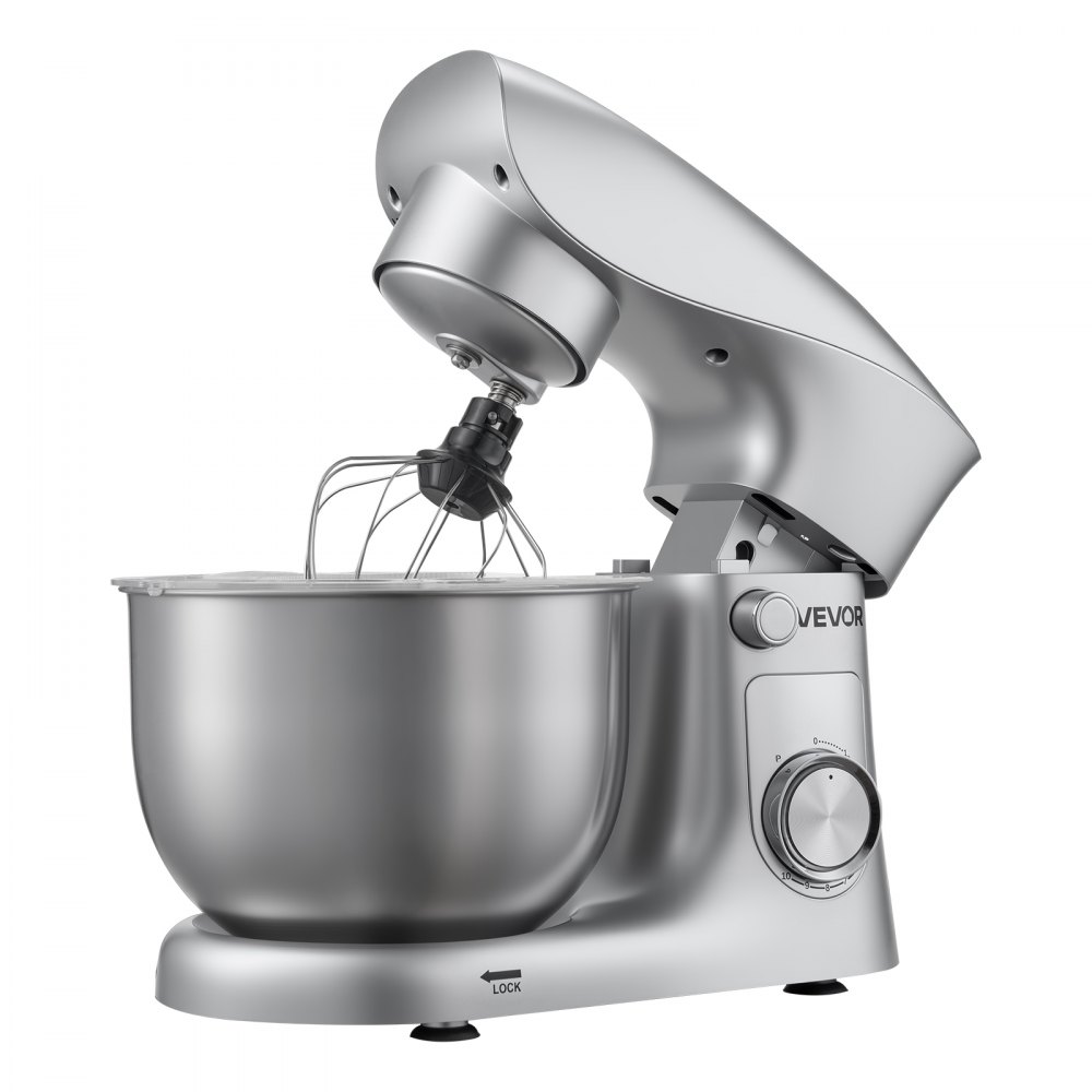 VEVOR Batidora de Pie/Máquina de Cocina para Hornear, 1500 W, con Bol de Acero Inoxidable, 4,2 L, Gancho para Masa, Batidor y Varillas, Basculante Ajustable de 10 Velocidades, 357 x 225 x 285 mm