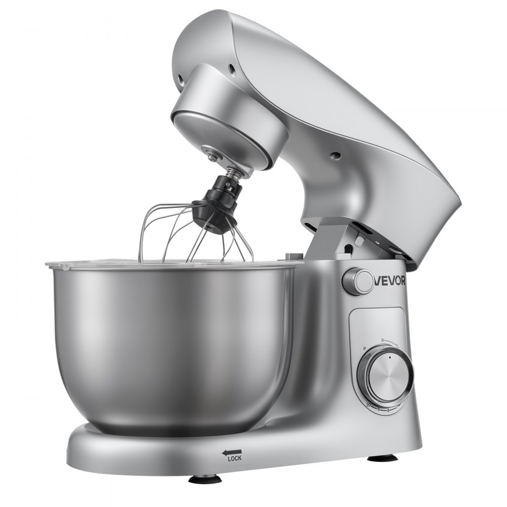 VEVOR Batidora de Pie/Máquina de Cocina para Hornear, 1500 W, con Bol de Acero Inoxidable, 4,2 L, Gancho para Masa, Batidor y Varillas, Basculante Ajustable de 10 Velocidades, 357 x 225 x 285 mm