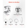 VEVOR Batidora de Pie/Máquina de Cocina para Hornear, 1500 W, con Bol de Acero Inoxidable, 4,2 L, Gancho para Masa, Batidor y Varillas, Basculante Ajustable de 10 Velocidades, 357 x 225 x 285 mm