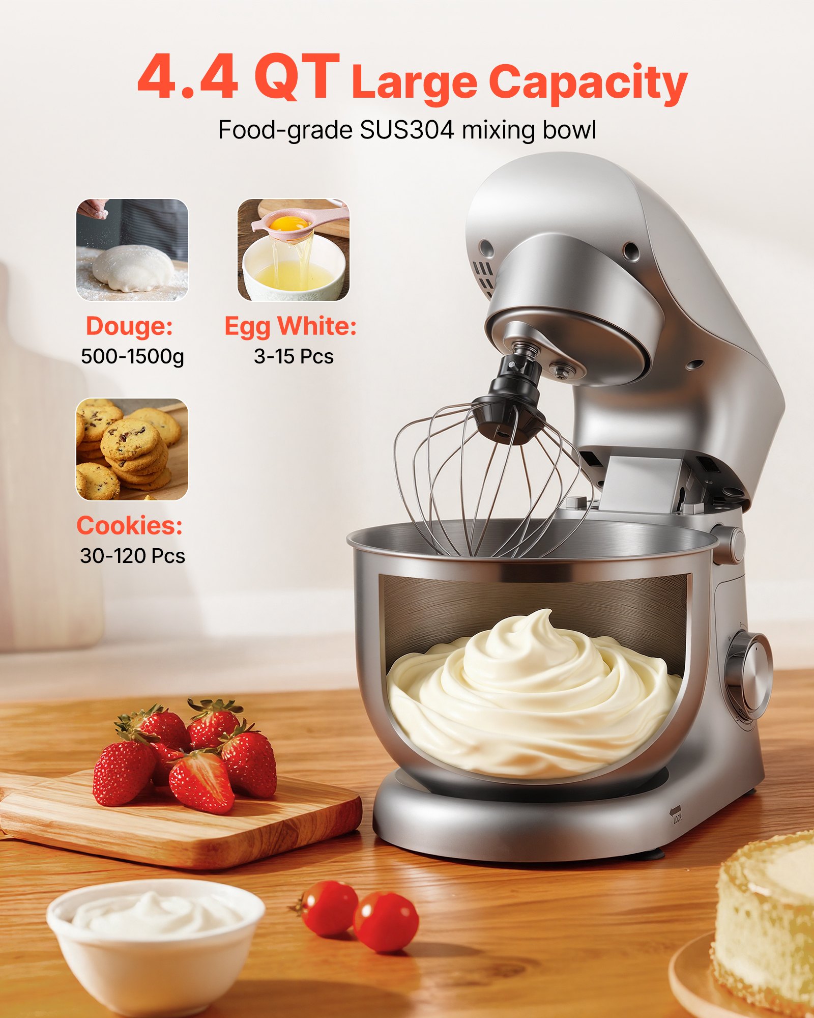 VEVOR Batidora de Pie/Máquina de Cocina para Hornear, 1500 W, con Bol de Acero Inoxidable, 4,2 L, Gancho para Masa, Batidor y Varillas, Basculante Ajustable de 10 Velocidades, 357 x 225 x 285 mm