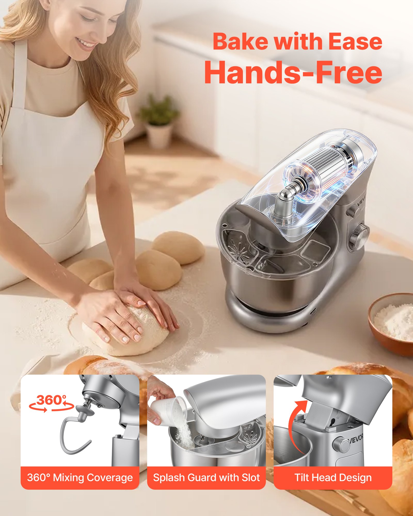 VEVOR Batidora de Pie/Máquina de Cocina para Hornear, 1500 W, con Bol de Acero Inoxidable, 4,2 L, Gancho para Masa, Batidor y Varillas, Basculante Ajustable de 10 Velocidades, 357 x 225 x 285 mm