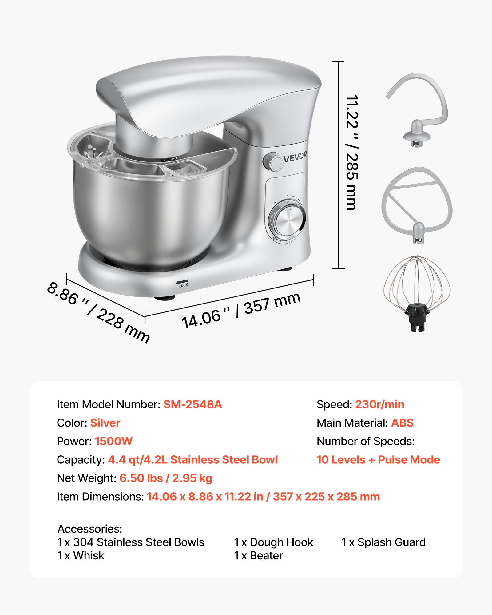 VEVOR Batidora de Pie/Máquina de Cocina para Hornear, 1500 W, con Bol de Acero Inoxidable, 4,2 L, Gancho para Masa, Batidor y Varillas, Basculante Ajustable de 10 Velocidades, 357 x 225 x 285 mm