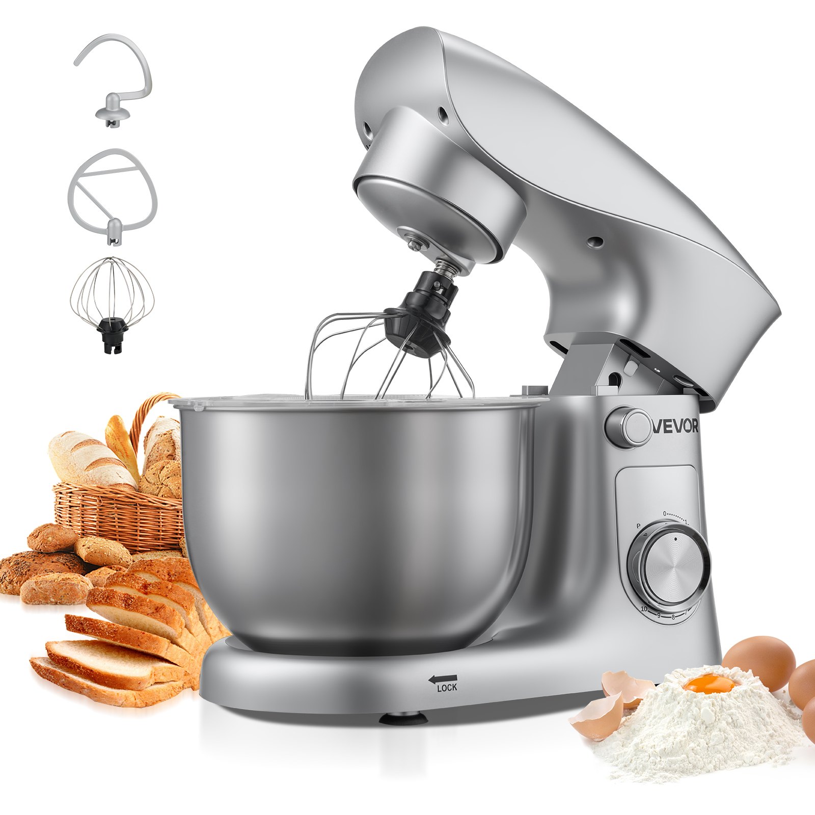 VEVOR Batidora de Pie/Máquina de Cocina para Hornear, 1500 W, con Bol de Acero Inoxidable, 4,2 L, Gancho para Masa, Batidor y Varillas, Basculante Ajustable de 10 Velocidades, 357 x 225 x 285 mm