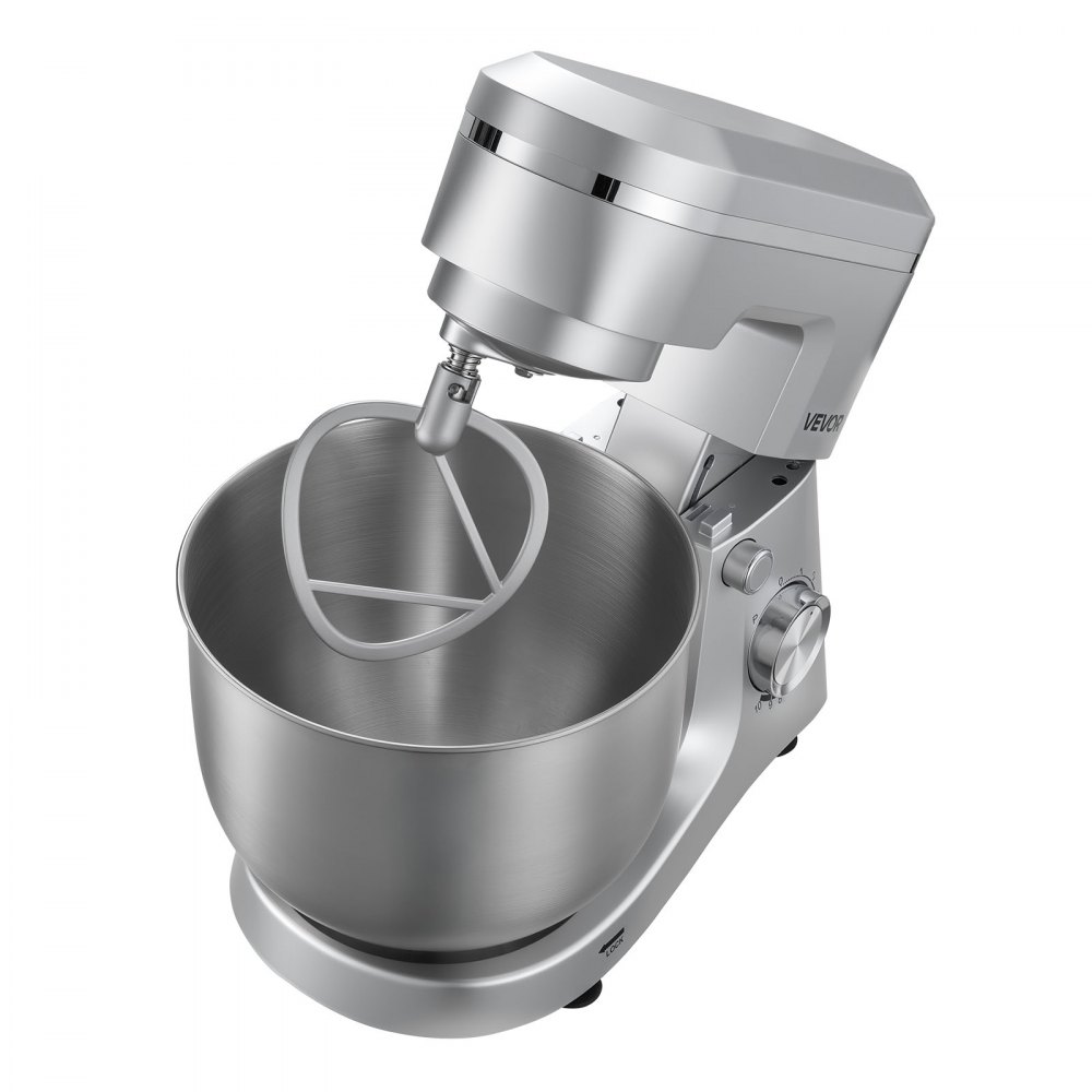 VEVOR Batidora Ajustable de Pie, Procesador de Alimentos de 1500 W para Repostería, con Bol de Acero Inoxidable, 5,7 L, Gancho para Amasar, Batidor y Varillas, 10 Velocidades, 375 x 241 x 292 mm