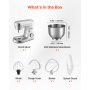 VEVOR Batidora Ajustable de Pie, Procesador de Alimentos de 1500 W para Repostería, con Bol de Acero Inoxidable, 5,7 L, Gancho para Amasar, Batidor y Varillas, 10 Velocidades, 375 x 241 x 292 mm
