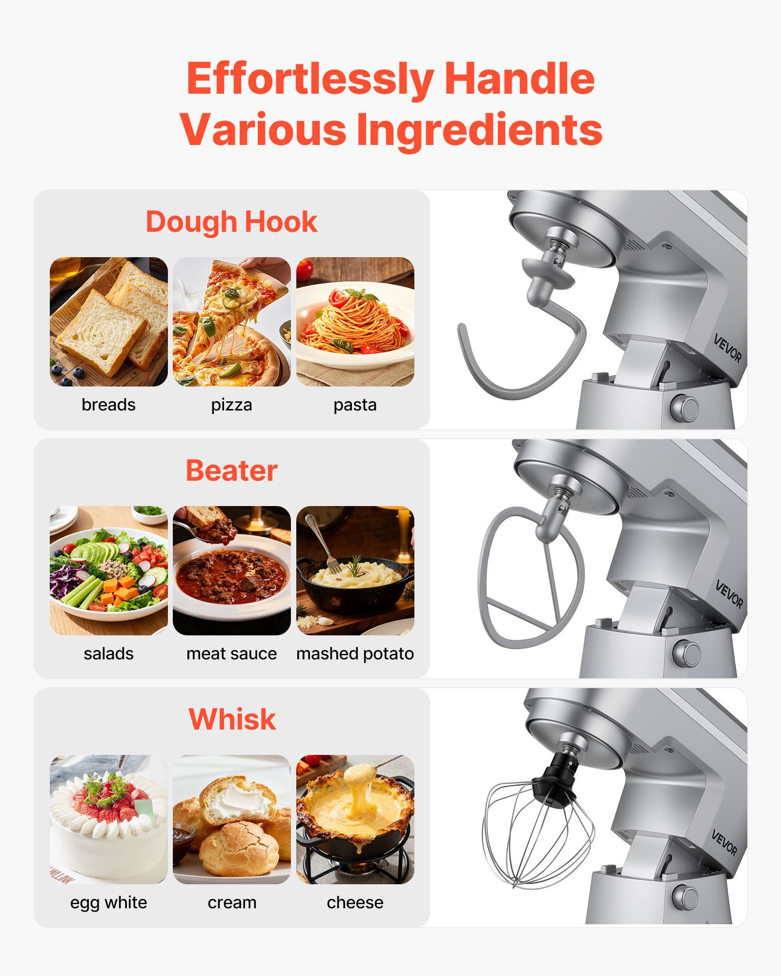 VEVOR Batidora Ajustable de Pie, Procesador de Alimentos de 1500 W para Repostería, con Bol de Acero Inoxidable, 5,7 L, Gancho para Amasar, Batidor y Varillas, 10 Velocidades, 375 x 241 x 292 mm