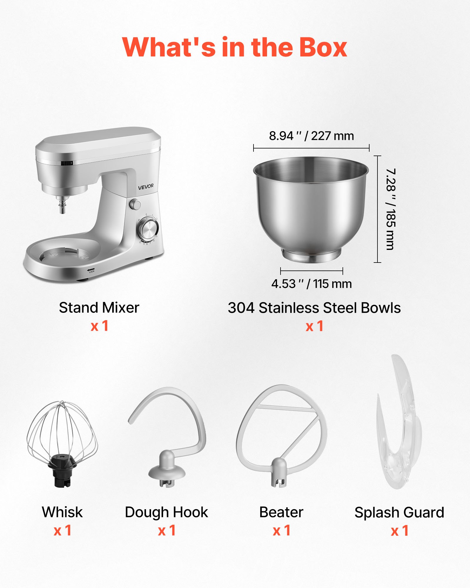 VEVOR Batidora Ajustable de Pie, Procesador de Alimentos de 1500 W para Repostería, con Bol de Acero Inoxidable, 5,7 L, Gancho para Amasar, Batidor y Varillas, 10 Velocidades, 375 x 241 x 292 mm
