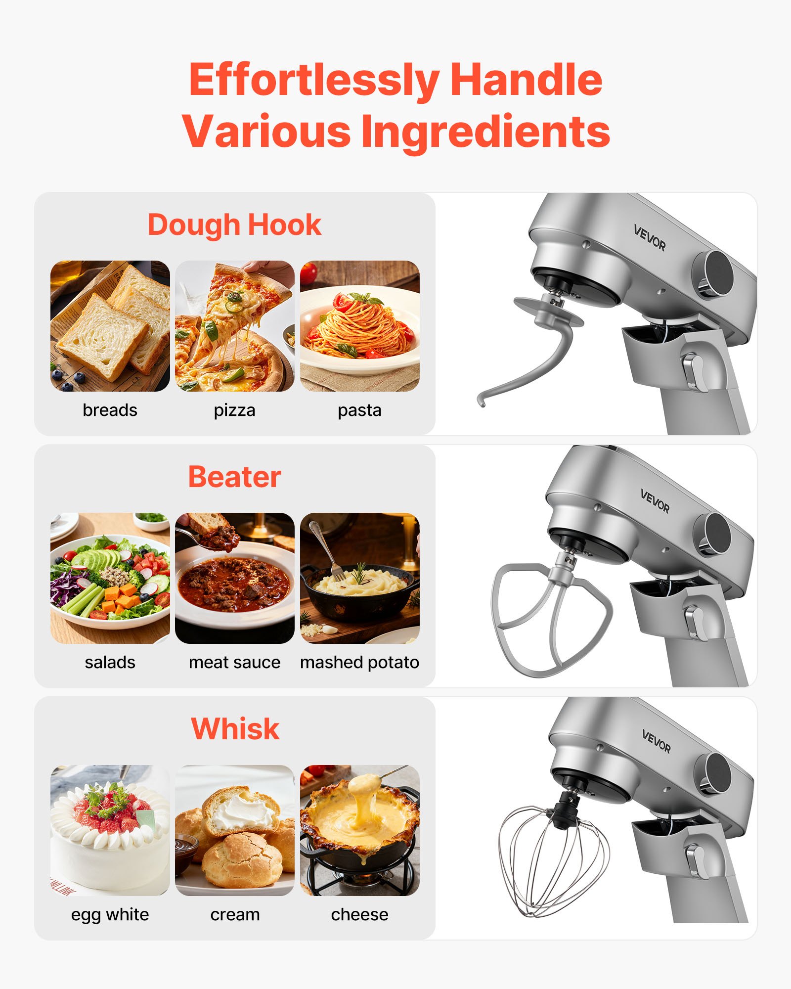 VEVOR Batidora de Pie, 1800 W, Bol de Acero Inoxidable, 7,4 L, Gancho para Amasar, Batidor y Varillas, 10 Velocidades, Inclinación Ajustable, 411 x 253 x 342 mm, a Mezclar Crema, Verduras y Masa