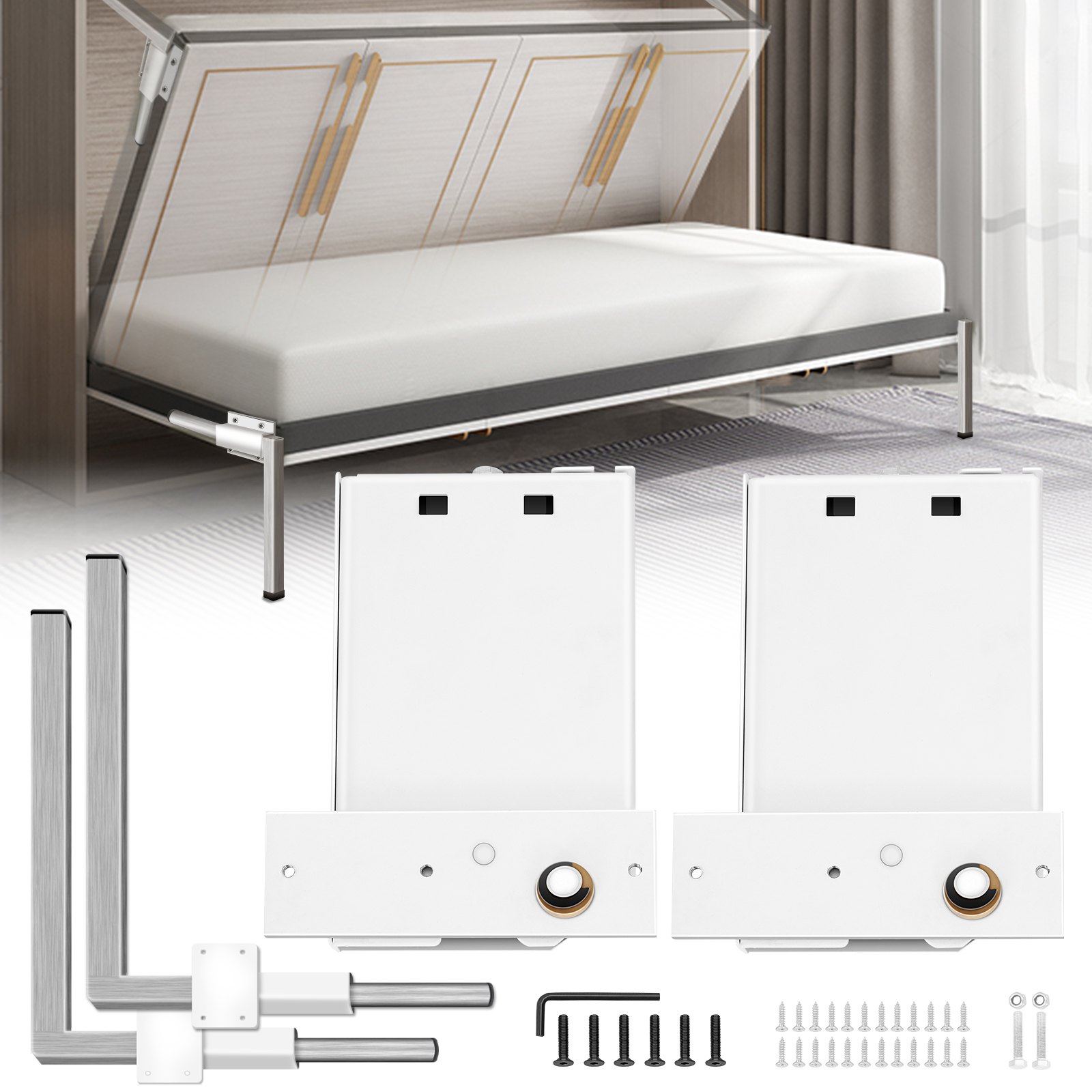 VEVOR Kit de mecanismo de montaje en pared con resorte, capacidad de carga resistente de 250 kg, kit de bricolaje, soporte de cama para cama Murphy de 0,9 a 1,2 m cama Queen horizontal, blanco